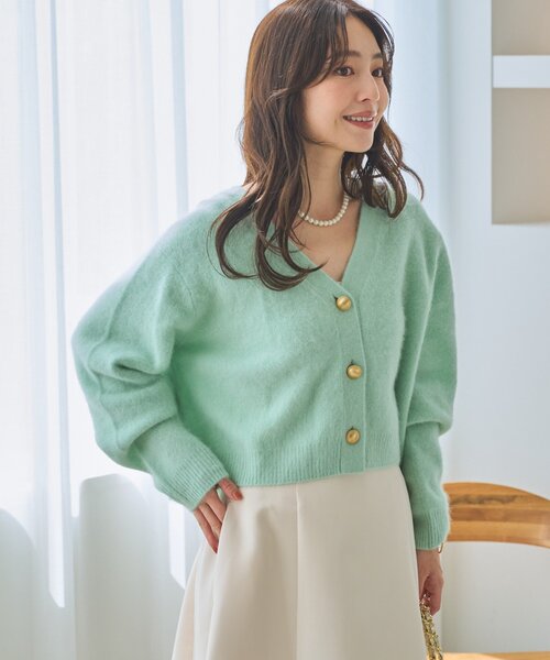 セール】【上質・ふわふわ】ヘアリーヤーンメタルボタンカーディガン