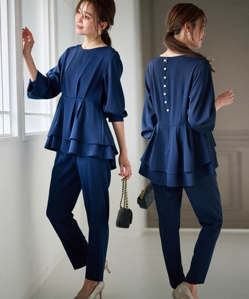 セール】【2点セット】洗える/防シワ バックパール調ペプラム