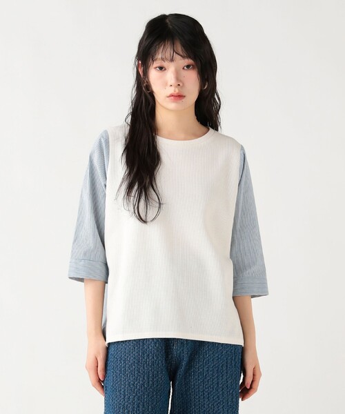 BEAMS HEART(ビームスハート)の「ワッフル × ストライプ プルオーバー(Tシャツ/カットソー・レディース・ライトグレー/オフホワイト/ブルー・FREE)」の2枚目の写真
