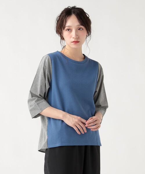 BEAMS HEART(ビームスハート)の「ワッフル × ストライプ プルオーバー(Tシャツ/カットソー・レディース・ライトグレー/オフホワイト/ブルー・FREE)」の1枚目の写真