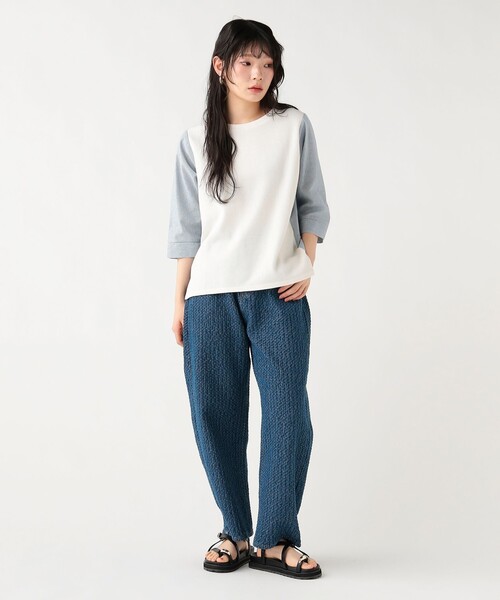 BEAMS HEART(ビームスハート)の「ワッフル × ストライプ プルオーバー(Tシャツ/カットソー・レディース・ライトグレー/オフホワイト/ブルー・FREE)」の4枚目の写真