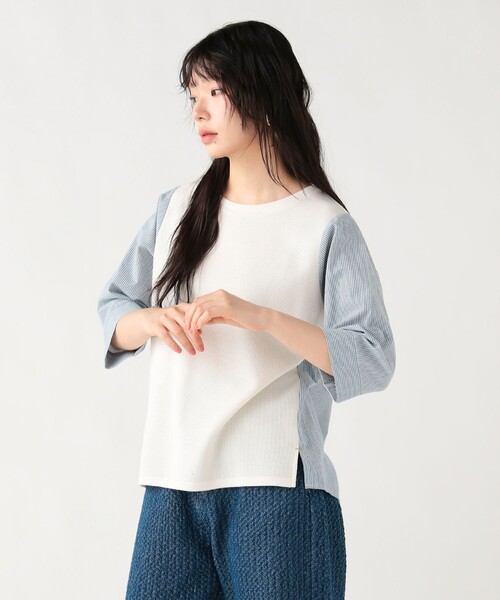 BEAMS HEART(ビームスハート)の「ワッフル × ストライプ プルオーバー(Tシャツ/カットソー・レディース・ライトグレー/オフホワイト/ブルー・FREE)」の6枚目の写真