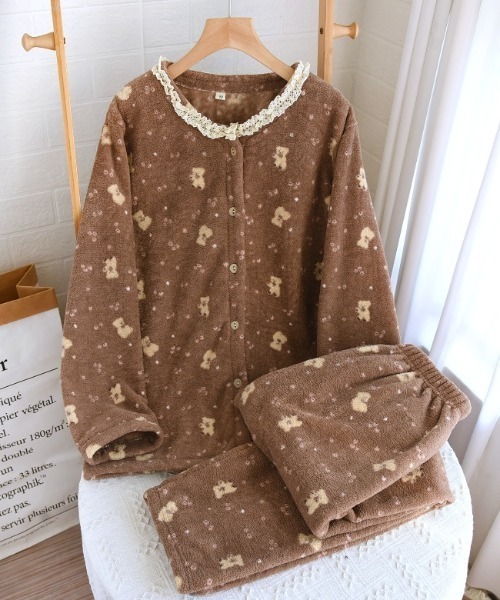 ココロ ルームウェア Mサイズ ブラウン セール】ふわもこレースルームウェアセット（ルームウェア/パジャマ