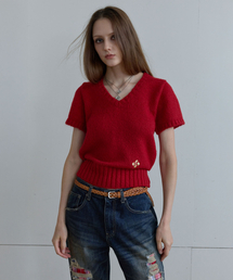 BUTTON V-NECK KNIT / red