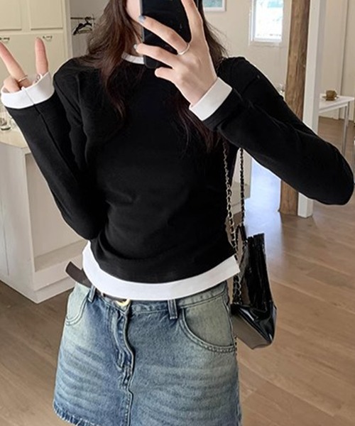meJane（ミージェーン）の「配色レイヤード風 長袖カットソー（Tシャツ/カットソー・レディース・ネイビー/ブラック/グレー・FREE）」の5枚目の写真