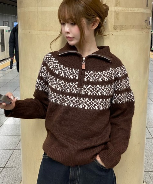 RAY CASSIN（レイカズン）の「ノルディックハーフジップニット（ニット/セーター・レディース・グレー/アイボリー/ブラウン・FREE）」の3枚目の写真