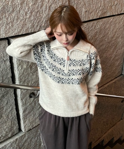 RAY CASSIN（レイカズン）の「ノルディックハーフジップニット（ニット/セーター・レディース・グレー/アイボリー/ブラウン・FREE）」の9枚目の写真