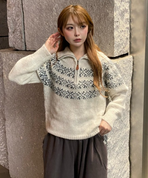 RAY CASSIN（レイカズン）の「ノルディックハーフジップニット（ニット/セーター・レディース・グレー/アイボリー/ブラウン・FREE）」の12枚目の写真