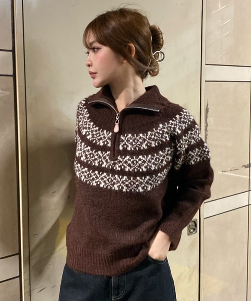 RAY CASSIN（レイカズン）の「ノルディックハーフジップニット（ニット/セーター・レディース・グレー/アイボリー/ブラウン・FREE）」の13枚目の写真