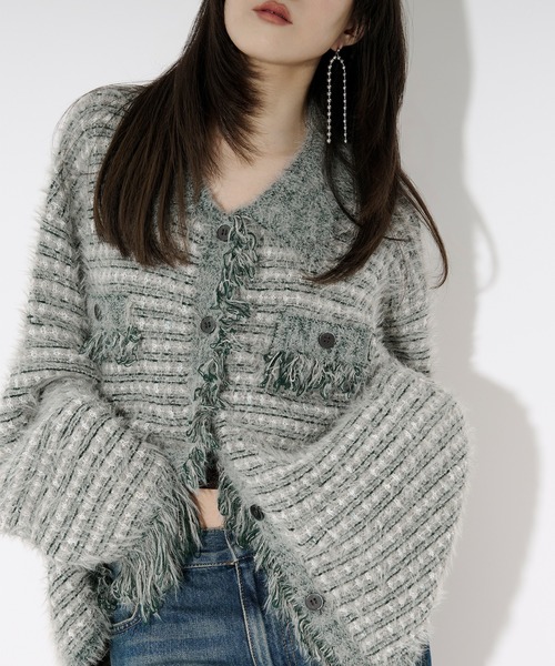 tweed knit fringe cardigan ツイードニット襟付きカーディガン