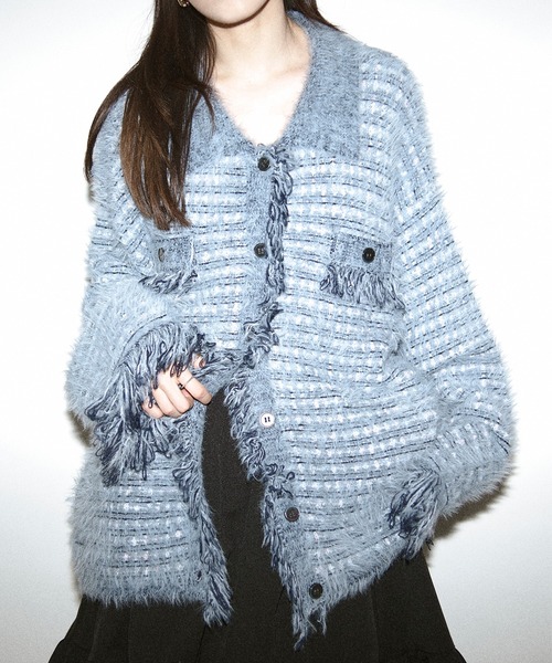 【keijulia様】新品　check tweed cardigan　F tweed knit fringe cardigan ツイードニット襟付きカーディガン