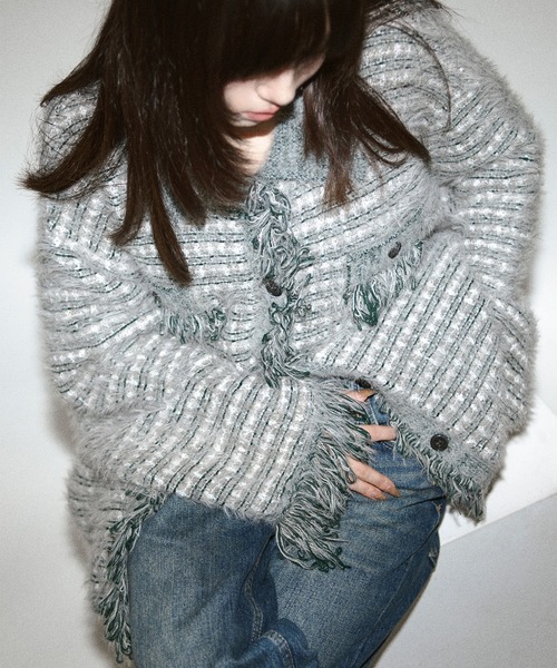 tweed knit fringe cardigan ツイードニット襟付きカーディガン