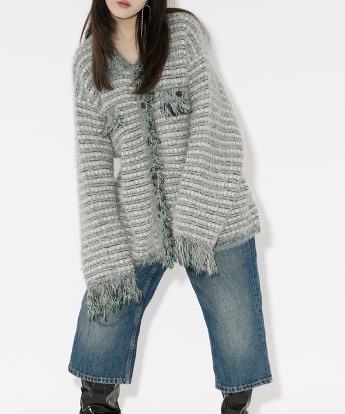 tweed knit fringe cardigan ツイードニット襟付きカーディガン