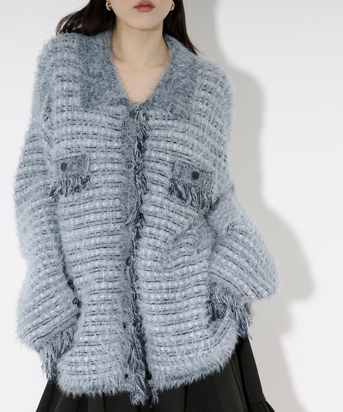 tweed knit fringe cardigan ツイードニット襟付きカーディガン