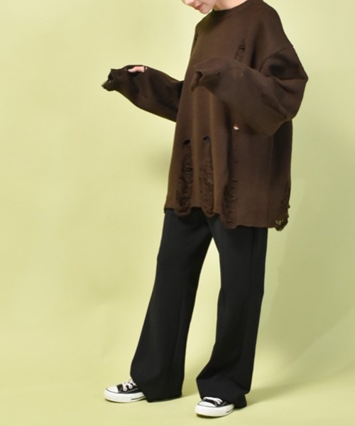NOIZY(ノイジー)の「ダメージバルキークルーニット(ニット/セーター・メンズ・チャコールグレー/ブラウン・LARGE/MEDIUM)」の9枚目の写真