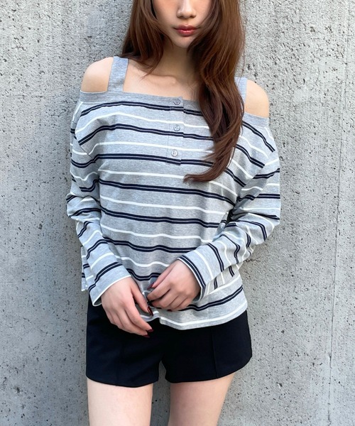 3.3 Field Trip （3.3フィールドトリップ）の「3.3 Field Trip／オフショルボーダーロングスリーブ（Tシャツ/カットソー・レディース・グレー/レッド・FREE）」の2枚目の写真