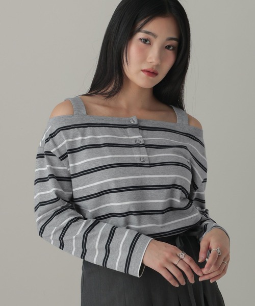 3.3 Field Trip （3.3フィールドトリップ）の「3.3 Field Trip／オフショルボーダーロングスリーブ（Tシャツ/カットソー・レディース・グレー/レッド・FREE）」の6枚目の写真