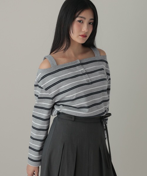 3.3 Field Trip （3.3フィールドトリップ）の「3.3 Field Trip／オフショルボーダーロングスリーブ（Tシャツ/カットソー・レディース・グレー/レッド・FREE）」の7枚目の写真