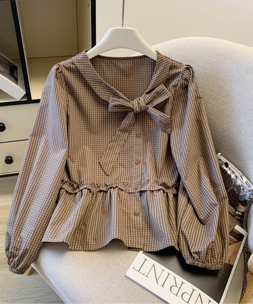 LUCPY(ラクピー)の「ギンガムチェック リボンブラウス(シャツ/ブラウス・レディース・ライトブルー/ネイビー/ブラウン・X-LARGE/LARGE/MEDIUM/SMALL)」の1枚目の写真