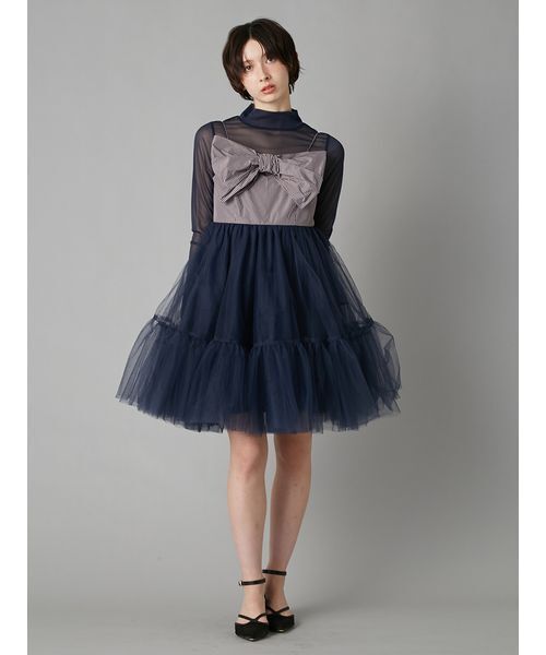 LILY BROWN(リリーブラウン)の「フロントリボンチュールミニドレス(ドレス・レディース・ブラック/ピンク/ネイビー・0/1)」の4枚目の写真