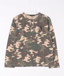 Revo. | カモフラージュ クロスモチーフ ロゴ ワンポイント刺繍 ワッフル ヘンリーネック ロングTシャツ サーマルロンT【UNISEX】(Tシャツ/カットソー)