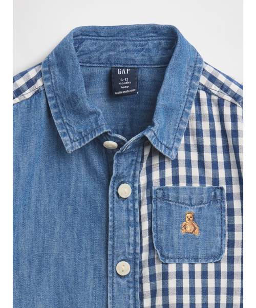 GAP（ギャップ）の「ギンガムチェック デニム カラーブロック ショートオール (ベビー)（ロンパース・キッズ・ネイビー・70cm/60cm/80ｃｍ/90cm）」の3枚目の写真