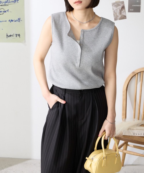 セルフカット ヘンリーネック コンパクト リブ タンクトップ〈UVカット