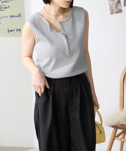 セルフカット ヘンリーネック コンパクト リブ タンクトップ〈UVカット