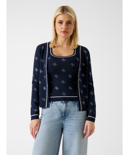 Guess(ゲス)の「Long Sleeves V-neck 4G Rhinestones Cardi Sweater(カーディガン/ボレロ・レディース・ネイビー・X-SMALL/SMALL/MEDIUM)」の1枚目の写真