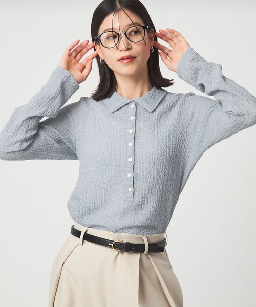 green label relaxing（グリーンレーベルリラクシング）の「【WEB限定】＜at ease＞シアー サッカーライク エリツキ プルオーバー カットソー（Tシャツ/カットソー・レディース・オフホワイト/ライトブルー/ダークブラウン・FREE）」の2枚目の写真