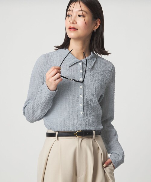 green label relaxing（グリーンレーベルリラクシング）の「【WEB限定】＜at ease＞シアー サッカーライク エリツキ プルオーバー カットソー（Tシャツ/カットソー・レディース・オフホワイト/ライトブルー/ダークブラウン・FREE）」の4枚目の写真