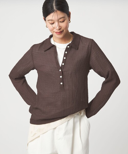 green label relaxing（グリーンレーベルリラクシング）の「【WEB限定】＜at ease＞シアー サッカーライク エリツキ プルオーバー カットソー（Tシャツ/カットソー・レディース・オフホワイト/ライトブルー/ダークブラウン・FREE）」の8枚目の写真