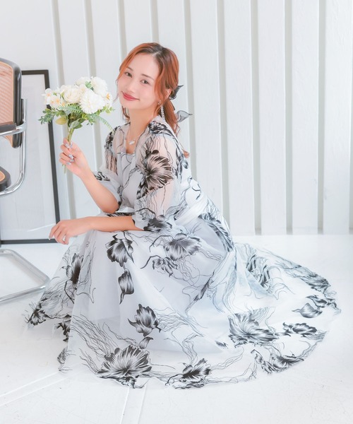 パーティードレス 大きいサイズ Aライン 花柄モノトーンシアーウエストリボン半袖ロングドレス 結婚式 二次会 ママ お呼ばれ 20代 30代