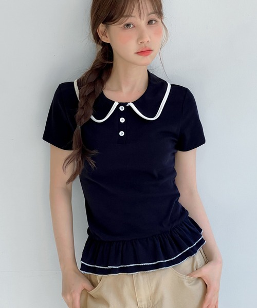 by muni:r（バイ ムニール）の「ダブルフリルカラーポイント半袖Tシャツ（Tシャツ/カットソー・レディース・グレー/ピンク/ホワイト/ネイビー・FREE）」の3枚目の写真