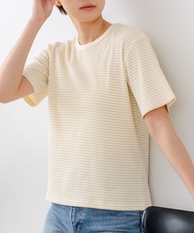 【C-FORTPOINT/フォートポイント】【細見え スタイルアップ効果】細ボーダー ジャガードリブTシャツ 着痩せ きれいめ オフィス 通勤 大人カジュアル フレンチシック