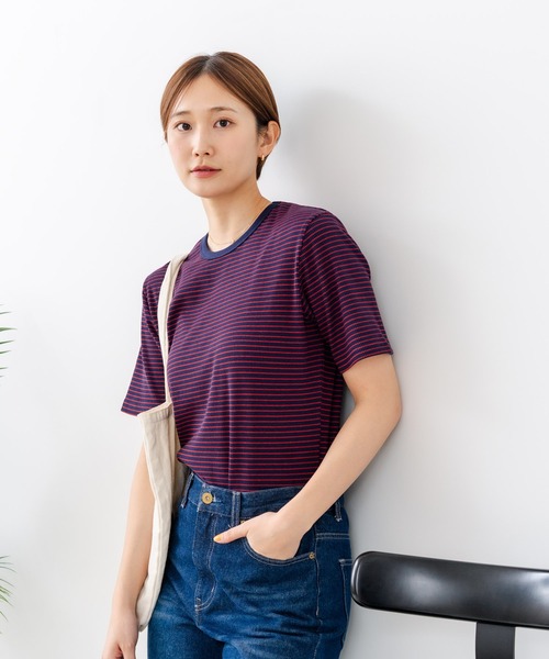 fort point(フォーポイント)の「【C-FORTPOINT/フォートポイント】【細見え スタイルアップ効果】細ボーダー ジャガードリブTシャツ 着痩せ きれいめ オフィス 通勤 大人カジュアル フレンチシック(Tシャツ/カットソー・レディース・ブラック/ネイビー/アイボリー/ライトブラウン/杢グレー・ONE SIZE)」の6枚目の写真