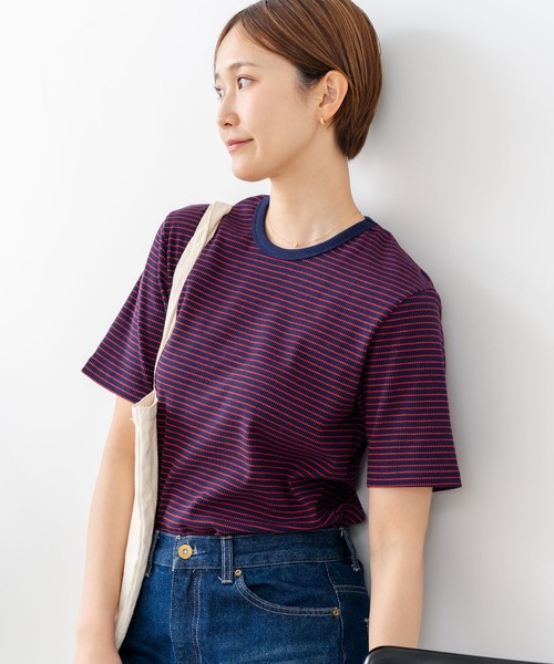 fort point(フォーポイント)の「【C-FORTPOINT/フォートポイント】【細見え スタイルアップ効果】細ボーダー ジャガードリブTシャツ 着痩せ きれいめ オフィス 通勤 大人カジュアル フレンチシック(Tシャツ/カットソー・レディース・ブラック/ネイビー/アイボリー/ライトブラウン/杢グレー・ONE SIZE)」の7枚目の写真