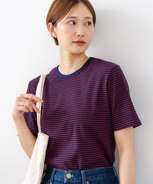 fort point(フォーポイント)の「【C-FORTPOINT/フォートポイント】【細見え スタイルアップ効果】細ボーダー ジャガードリブTシャツ 着痩せ きれいめ オフィス 通勤 大人カジュアル フレンチシック(Tシャツ/カットソー・レディース・ブラック/ネイビー/アイボリー/ライトブラウン/杢グレー・ONE SIZE)」の9枚目の写真