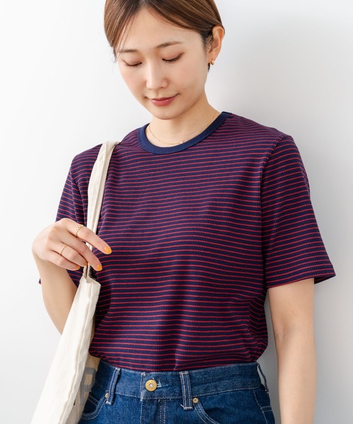 fort point(フォーポイント)の「【C-FORTPOINT/フォートポイント】【細見え スタイルアップ効果】細ボーダー ジャガードリブTシャツ 着痩せ きれいめ オフィス 通勤 大人カジュアル フレンチシック(Tシャツ/カットソー・レディース・ブラック/ネイビー/アイボリー/ライトブラウン/杢グレー・ONE SIZE)」の10枚目の写真