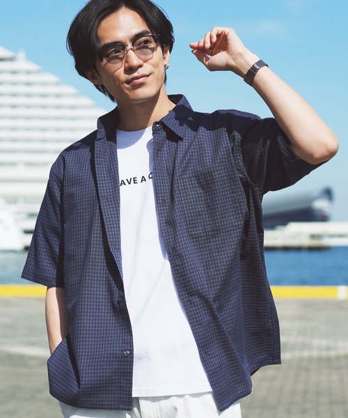 jiggys shop(ジギーズショップ)の「速乾 パナマ織 チェック 半袖シャツ(シャツ/ブラウス・メンズ・ブラック/ブルー/ブラウン/ベージュ/ネイビー・MEDIUM/LARGE/X-LARGE)」の5枚目の写真