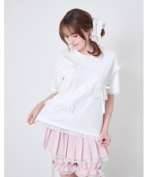 Lolime by mellfy memory（ロリミー バイ メルフィーメモリー）の「lacy pocket tee（Tシャツ/カットソー・レディース・ホワイト/ピンク・FREE）」の2枚目の写真