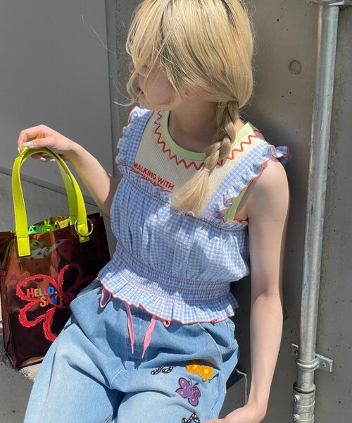 HELLO.SANFRANCISCO(ハローサンフランシスコ)の「【HELLO.SANFRANCISCO/ハローサンフランシスコ】シャーリングチェックビスチェ(タンクトップ・レディース・サックスブルー/ピンク・ONE SIZE)」の1枚目の写真