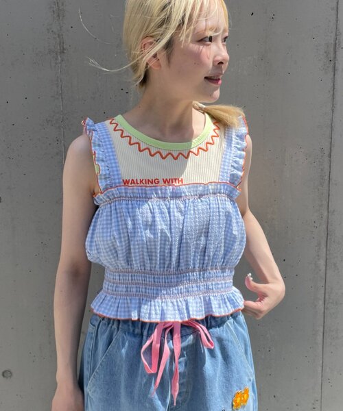 HELLO.SANFRANCISCO(ハローサンフランシスコ)の「【HELLO.SANFRANCISCO/ハローサンフランシスコ】シャーリングチェックビスチェ(タンクトップ・レディース・サックスブルー/ピンク・ONE SIZE)」の3枚目の写真