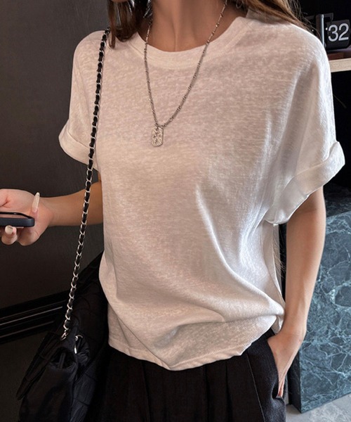 GLAMOROUS JANE(グラマラスジェーン)の「スラブ袖ロールアップTシャツ(Tシャツ/カットソー・レディース・ホワイト/ブラック/グレー・FREE)」の4枚目の写真