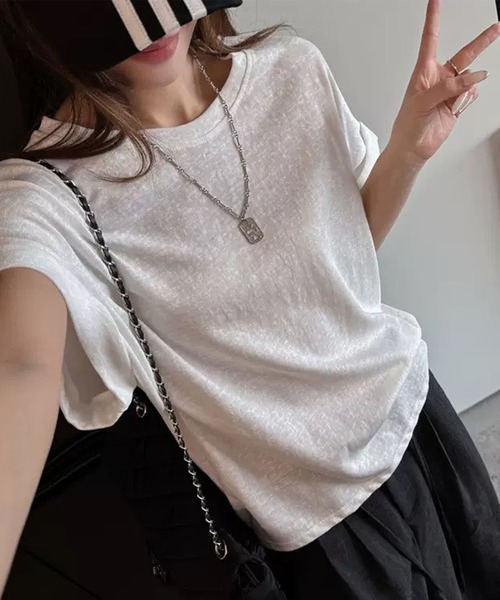 GLAMOROUS JANE(グラマラスジェーン)の「スラブ袖ロールアップTシャツ(Tシャツ/カットソー・レディース・ホワイト/ブラック/グレー・FREE)」の7枚目の写真