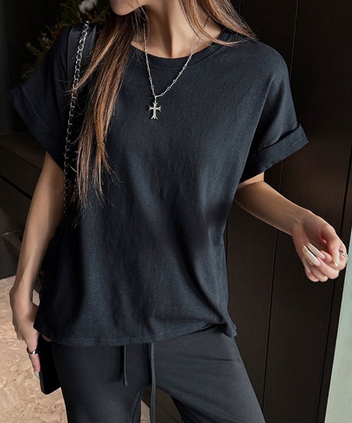 GLAMOROUS JANE(グラマラスジェーン)の「スラブ袖ロールアップTシャツ(Tシャツ/カットソー・レディース・ホワイト/ブラック/グレー・FREE)」の8枚目の写真