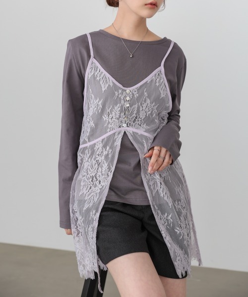Bab(バブ)の「【セットアイテム】レースビスチェ+カットソーSET(Tシャツ/カットソー・レディース・オフホワイト/杢グレー/チャコールグレー・FREE)」の2枚目の写真