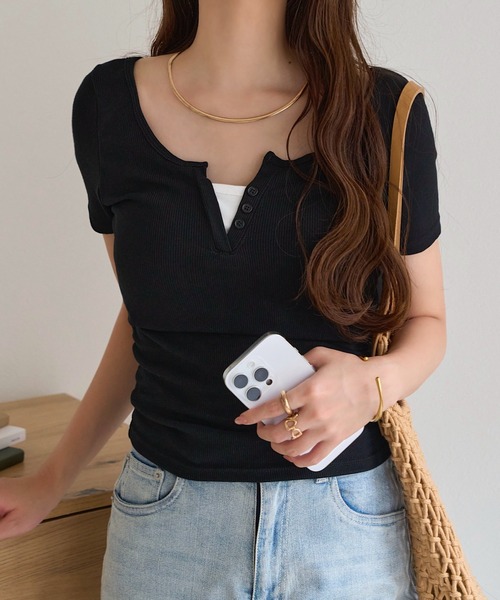 KOBE LETTUCE(コウベレタス)の「カップ付きリブヘンリーネックリブトップス(Tシャツ/カットソー・レディース・ネイビー/グレー/ブラック・M)」の4枚目の写真