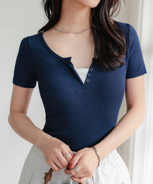 KOBE LETTUCE(コウベレタス)の「カップ付きリブヘンリーネックリブトップス(Tシャツ/カットソー・レディース・ネイビー/グレー/ブラック・M)」の14枚目の写真