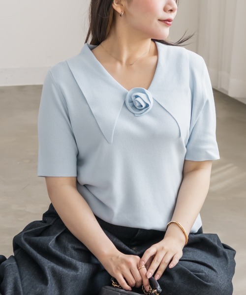 CLETTE(クレット)の「ローズモチーフ襟付きニット(ニット/セーター・レディース・ワイン/サックスブルー/ブラック・3L/LL/4L)」の8枚目の写真